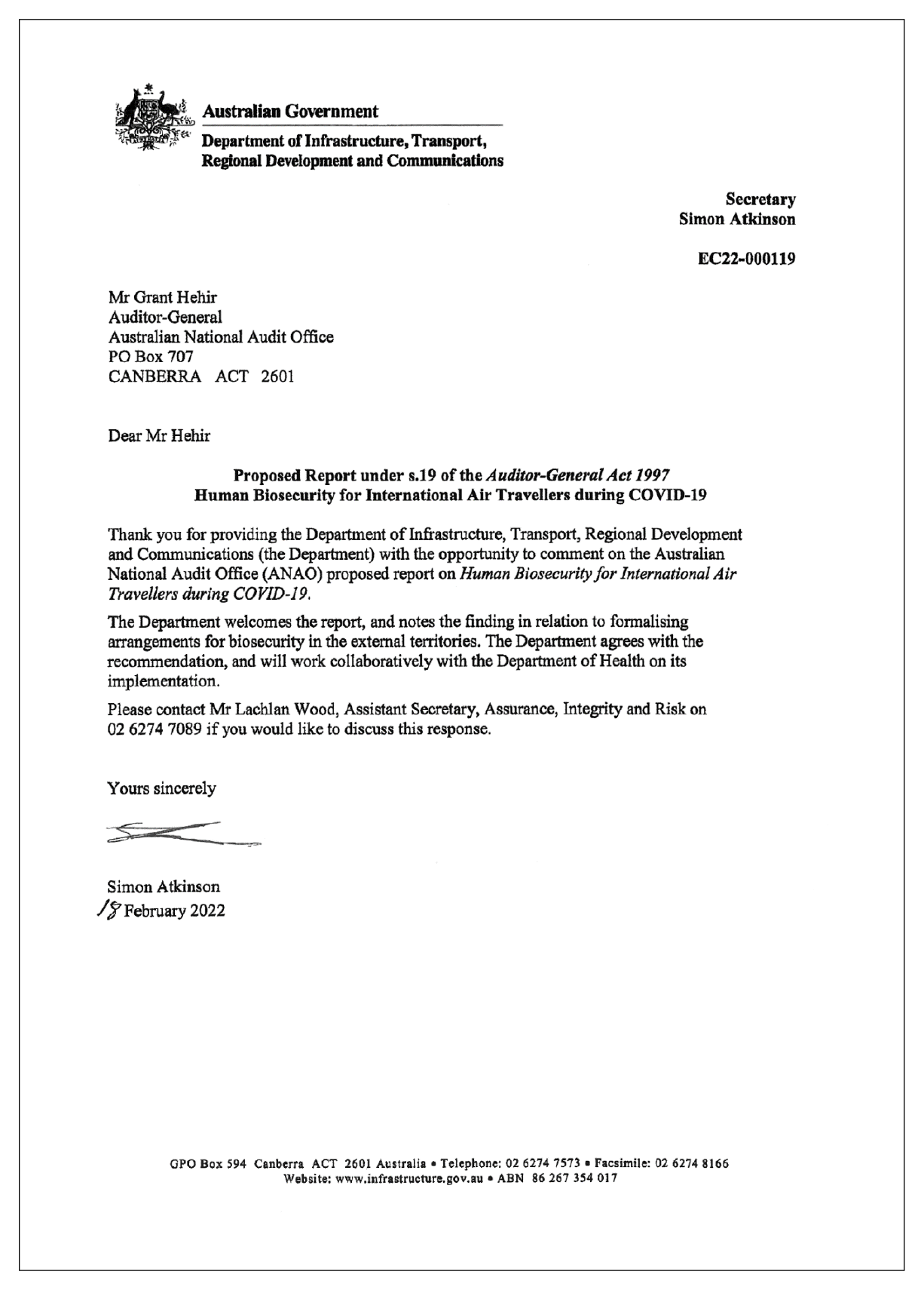 Response from the Department of Infrastructure, Transport, Regional Development and Communications. You can see a summary of the response in the summary and recommendations chapter. Response from the Department of Infrastructure, Transport, Regional Development and Communications. You can see a summary of the response in the summary and recommendations chapter.