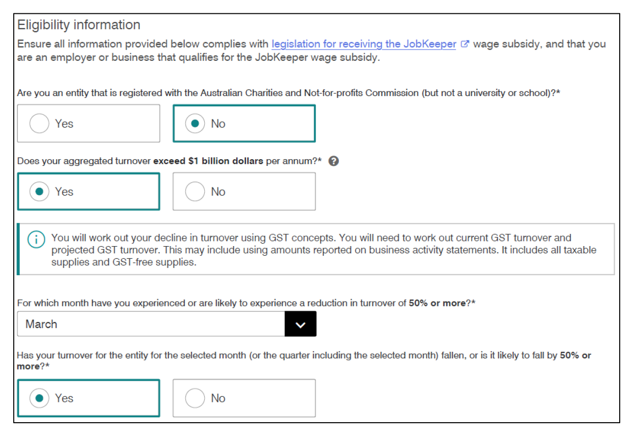 An excerpt from the ATO’s online enrolment form for the original JobKeeper period, showing questions put to applicants about their eligibility. An excerpt from the ATO’s online enrolment form for the original JobKeeper period, showing questions put to applicants about their eligibility.