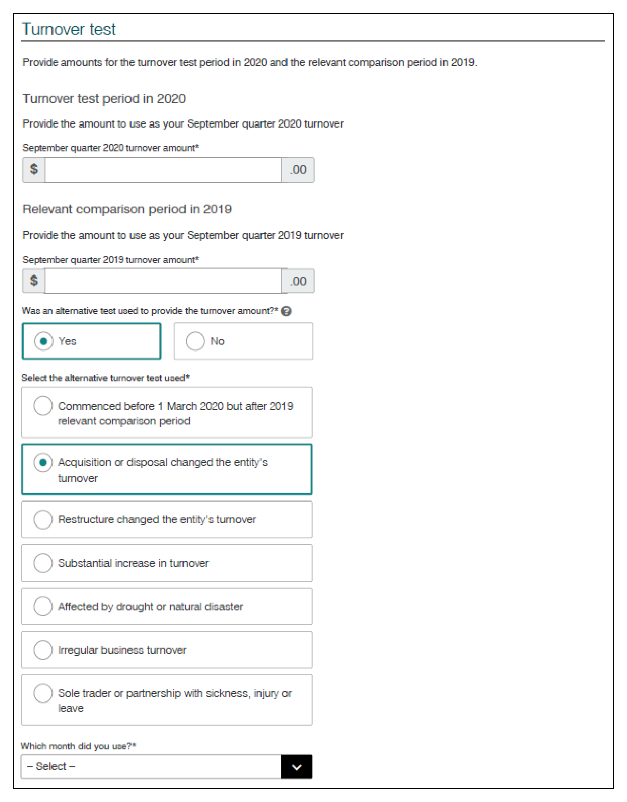 An excerpt from the ATO’s online enrolment form for the JobKeeper extension period, showing questions put to applicants about the ‘Turnover test’. An excerpt from the ATO’s online enrolment form for the JobKeeper extension period, showing questions put to applicants about the ‘Turnover test’.