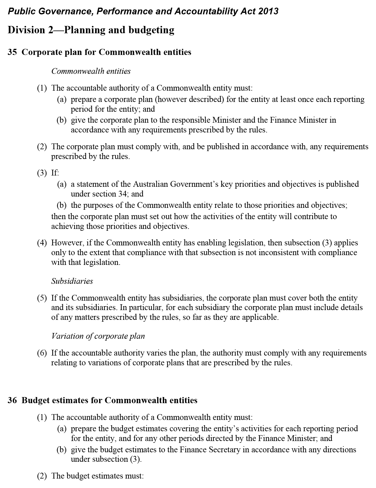 Page 1 of extract from PGPA Act requirements to prepare key documents. 