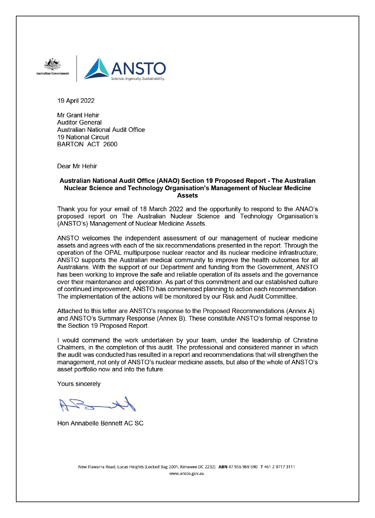 Response from the Australian Nuclear Science and Technology Organisation. You can find a summary of the response in the summary and recommendations chapter. 