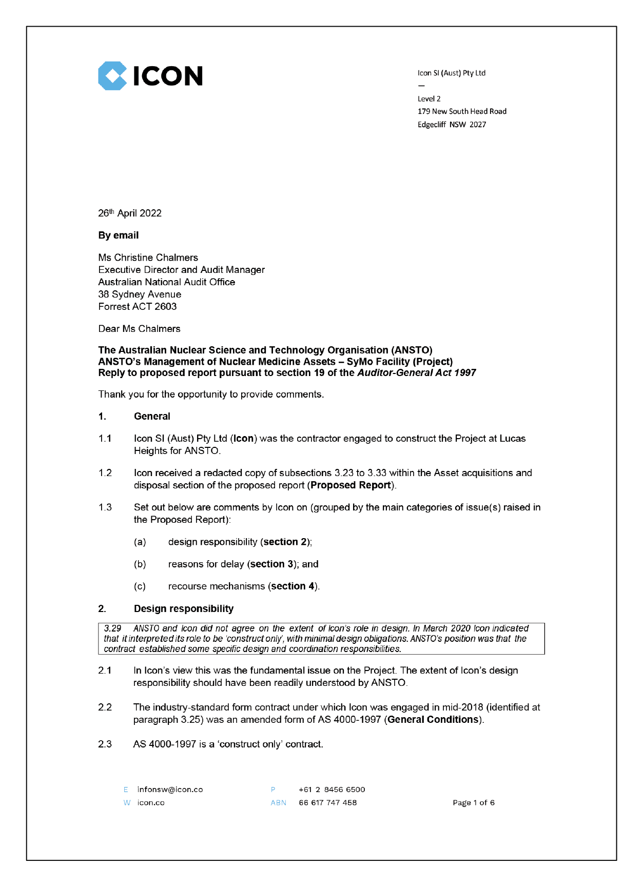 Page one of the response from Icon. 