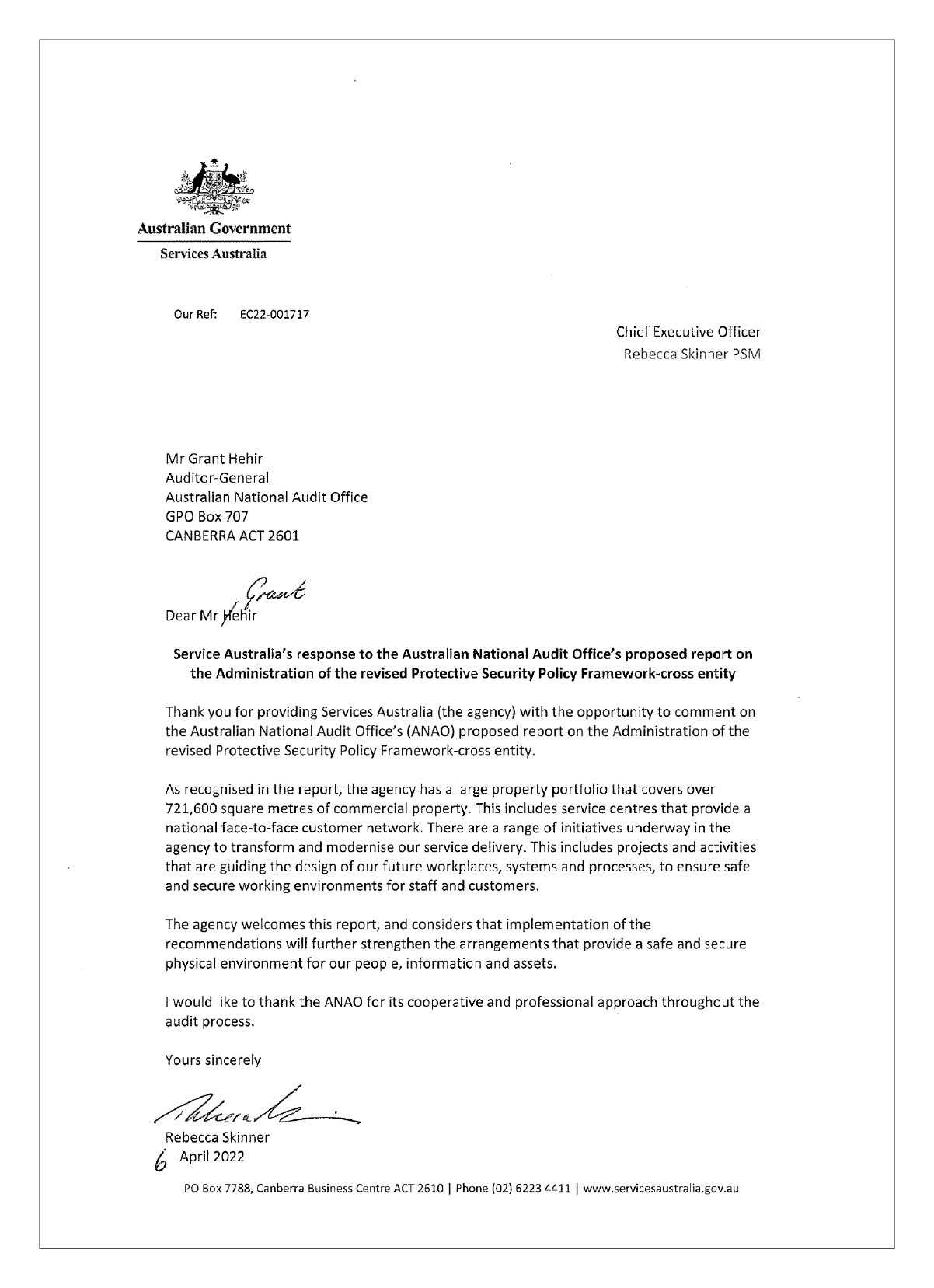 Response from Services Australia. You can find a summary of the response in the summary and recommendations chapter of this report. Response from Services Australia. You can find a summary of the response in the summary and recommendations chapter of this report.