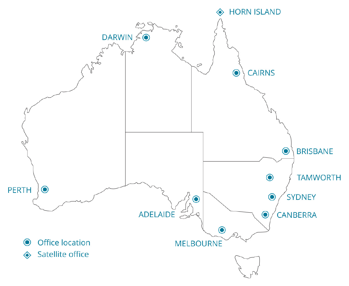 A figure that shows a map of Australia and the location of CASA’s nine offices and one satellite office. A figure that shows a map of Australia and the location of CASA’s nine offices and one satellite office.