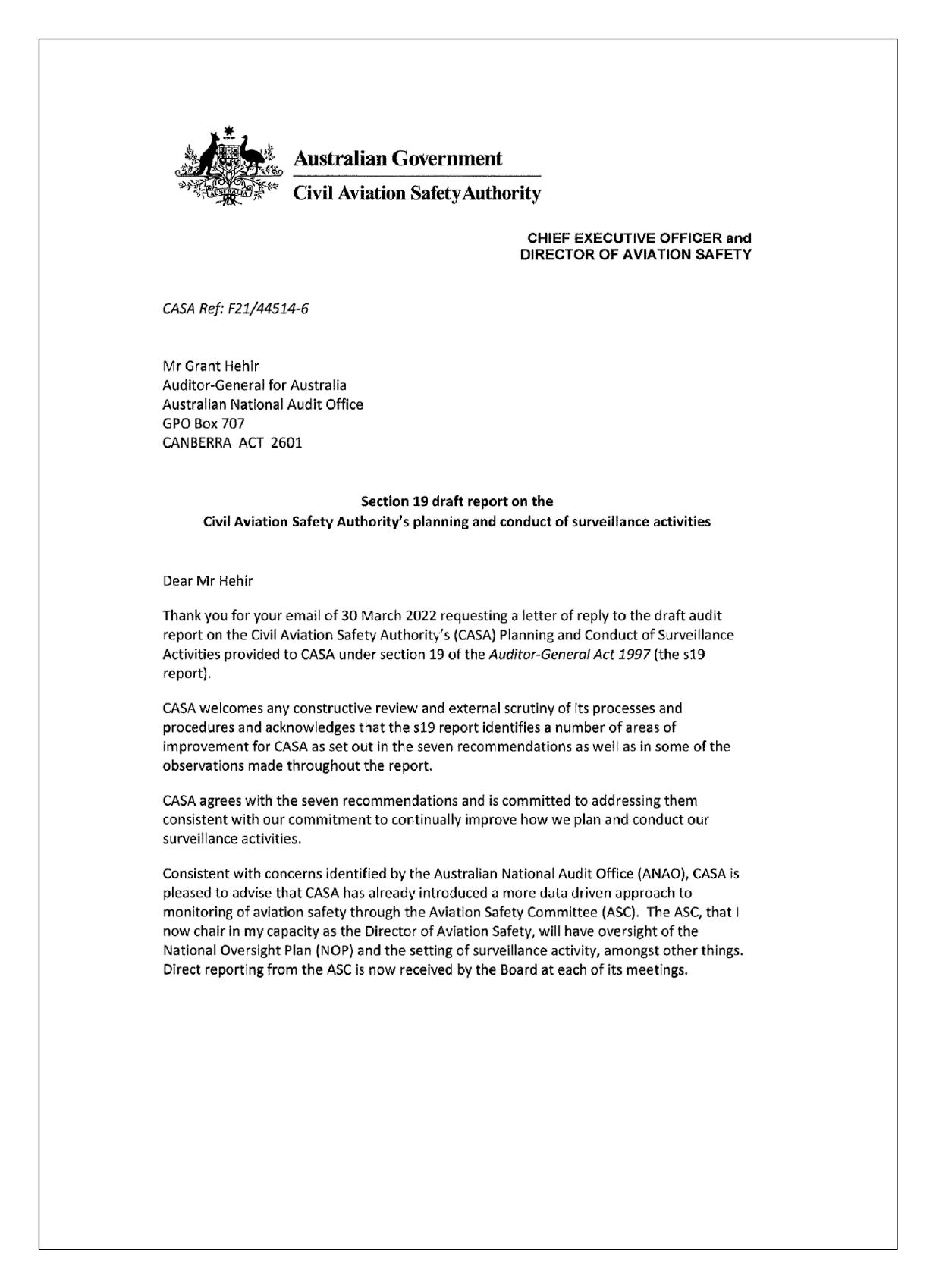 Page one of the response from the Civil Aviation Safety Authority. You can find a summary of the response in the summary and recommendations chapter of this report Page one of the response from the Civil Aviation Safety Authority. You can find a summary of the response in the summary and recommendations chapter of this report