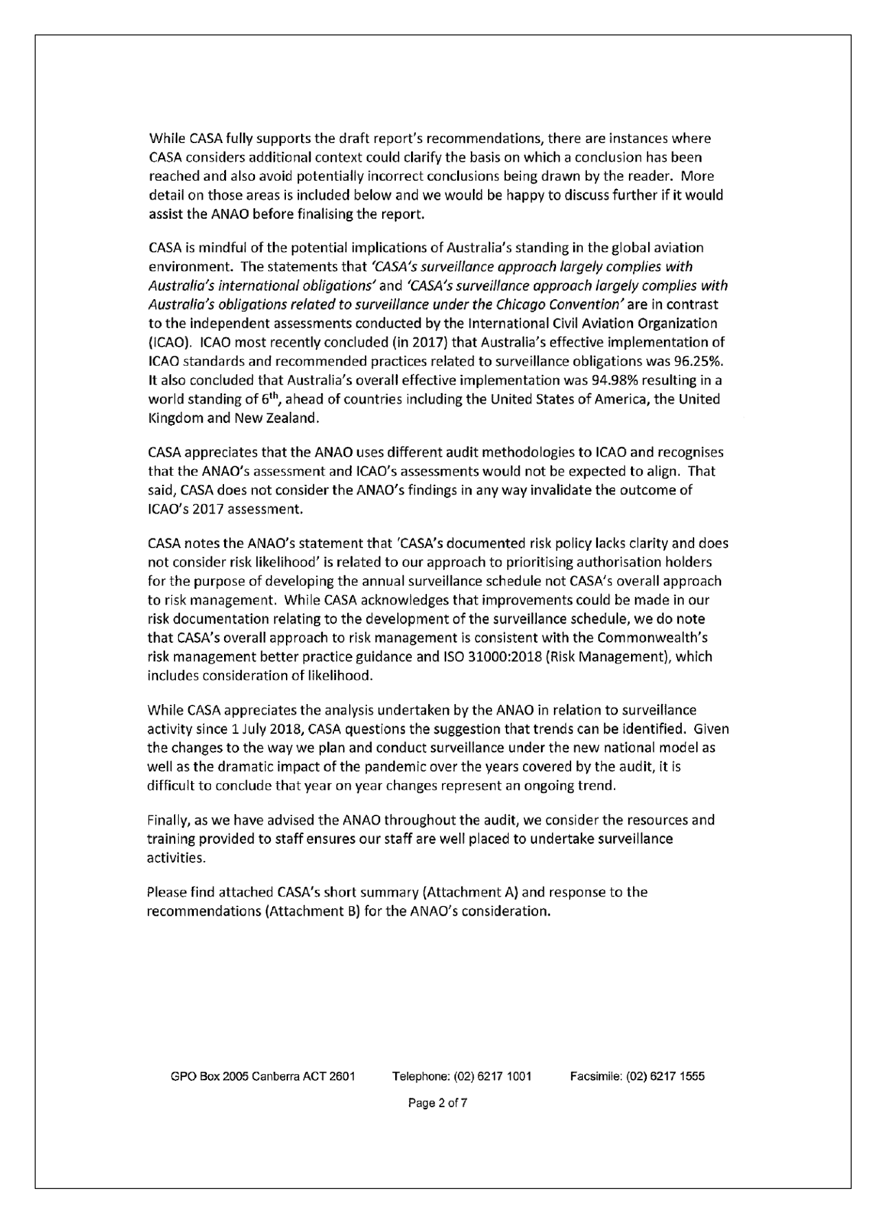 Page two of the response from the Civil Aviation Safety Authority. You can find a summary of the response in the summary and recommendations chapter of this report Page two of the response from the Civil Aviation Safety Authority. You can find a summary of the response in the summary and recommendations chapter of this report
