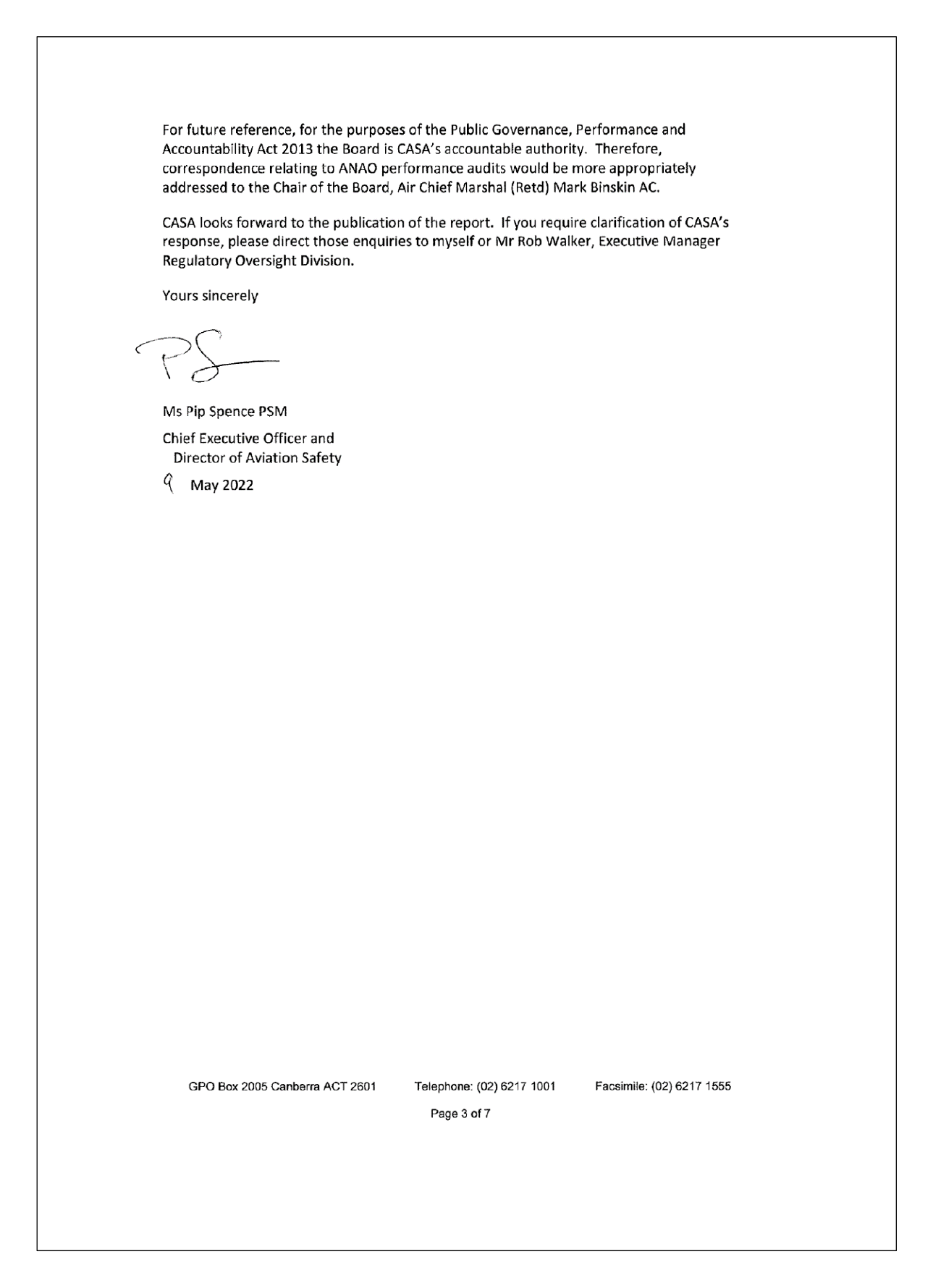 Page three of the response from the Civil Aviation Safety Authority. You can find a summary of the response in the summary and recommendations chapter of this report Page three of the response from the Civil Aviation Safety Authority. You can find a summary of the response in the summary and recommendations chapter of this report