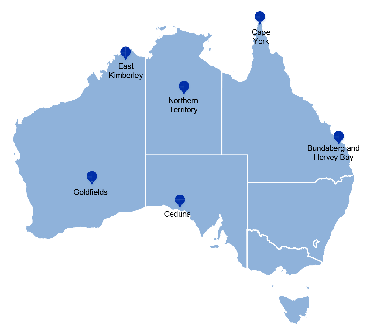 Map of Australia showing the locations where the CDC is in place.