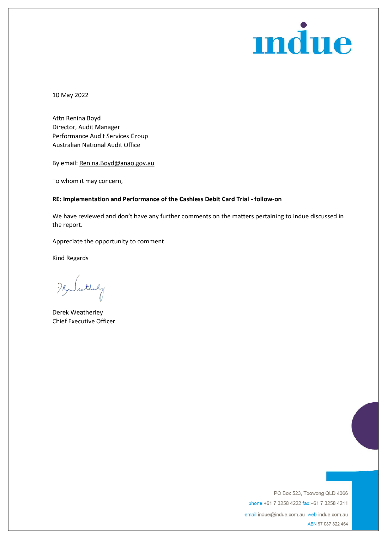 Response from indue. 