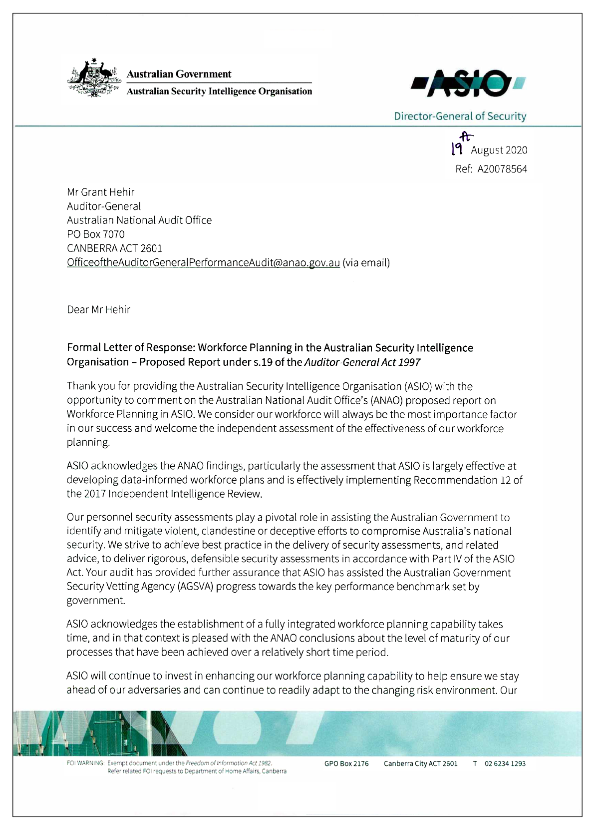 The first page of the response from the Australian Security Intelligence Agency .You can find a summary of the response in the summary and recommendations chapter of this report. The first page of the response from the Australian Security Intelligence Agency .You can find a summary of the response in the summary and recommendations chapter of this report.