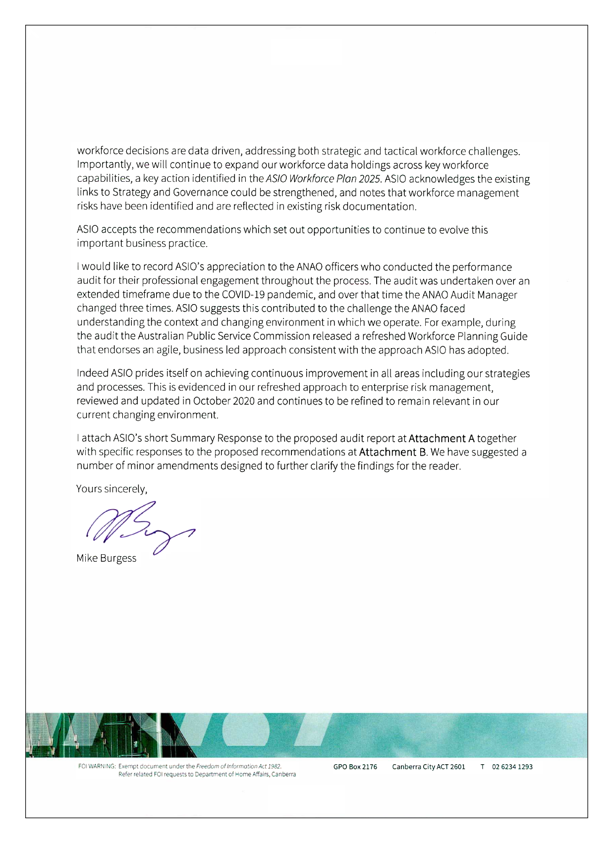 The second page of the response from the Australian Security Intelligence Agency .You can find a summary of the response in the summary and recommendations chapter of this report. The second page of the response from the Australian Security Intelligence Agency .You can find a summary of the response in the summary and recommendations chapter of this report.