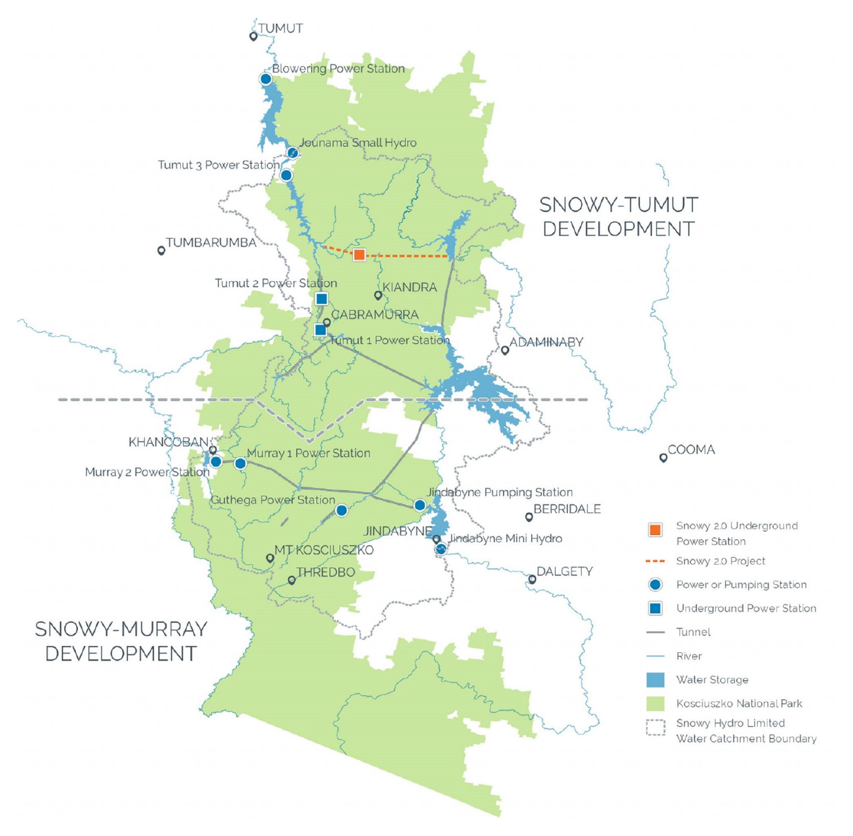 A map of the Kosciuszko National Park showing the location of the existing hydro-electric infrastructure and planned location of Snowy 2.0.