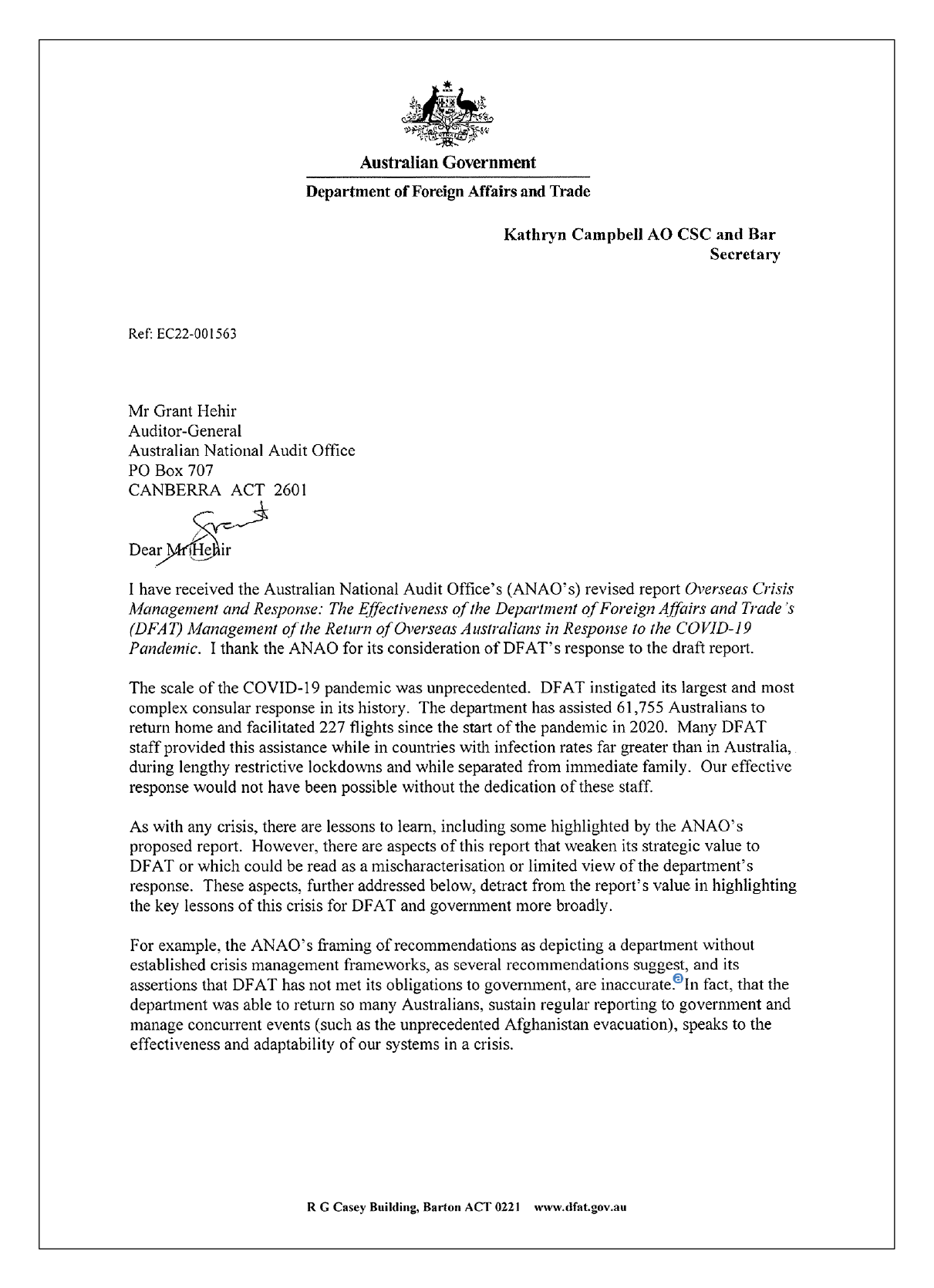 Page one of the response from the Department of Foreign Affairs and Trade. You can find a summary of the response in the summary and recommendations chapter of this report. 