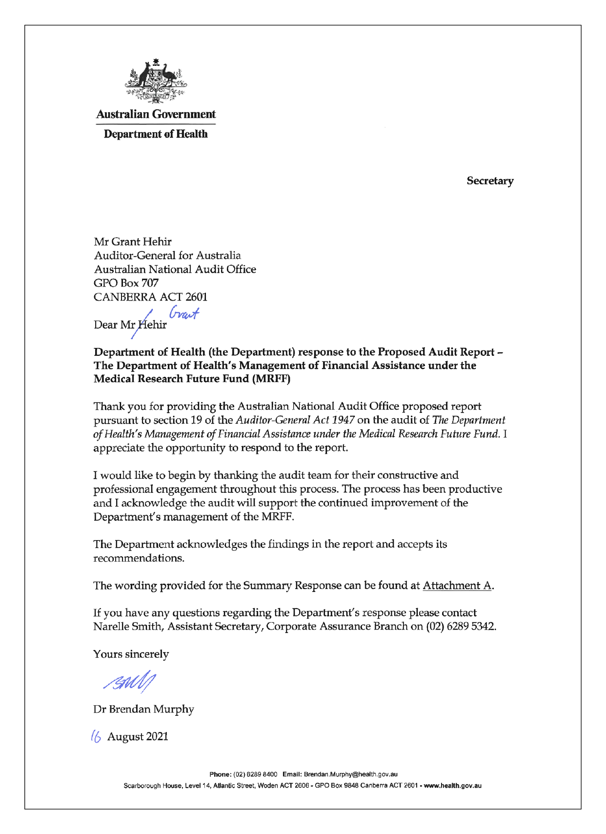 Entity response from the Department of Health. You can find a summary of the response in the summary and recommendations chapter of this report. 