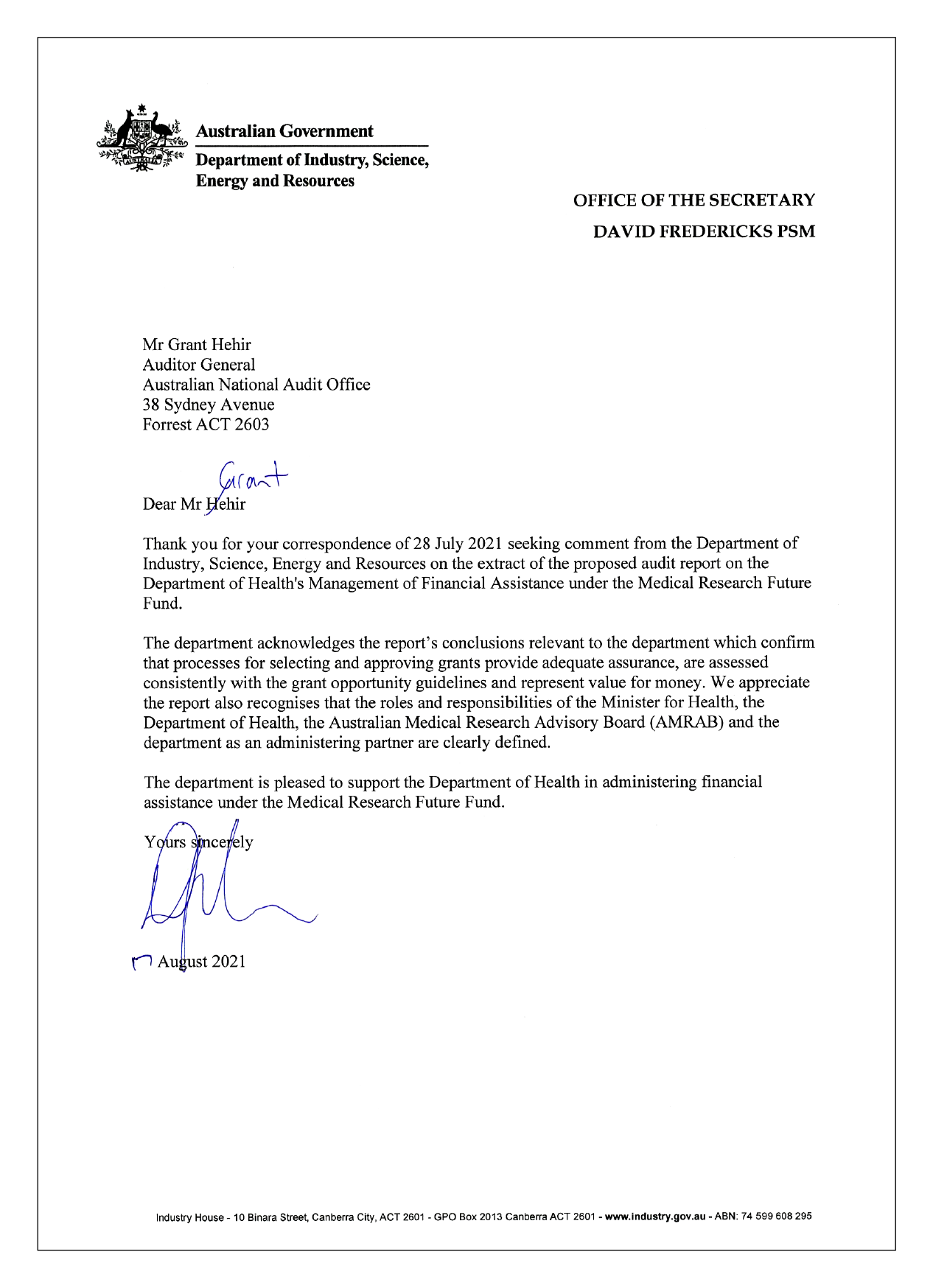 Entity response from the Department of Industry, Science, Energy and Resources. 
