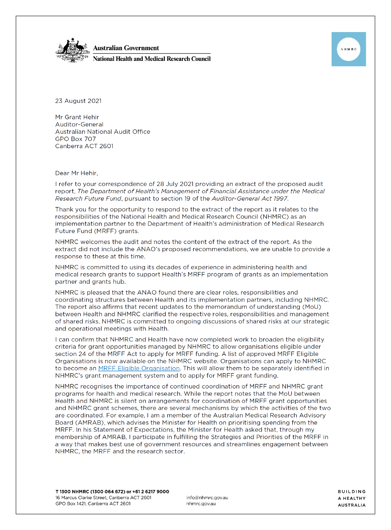 The first page of the entity response from the National Health and Medical Research Council. 
