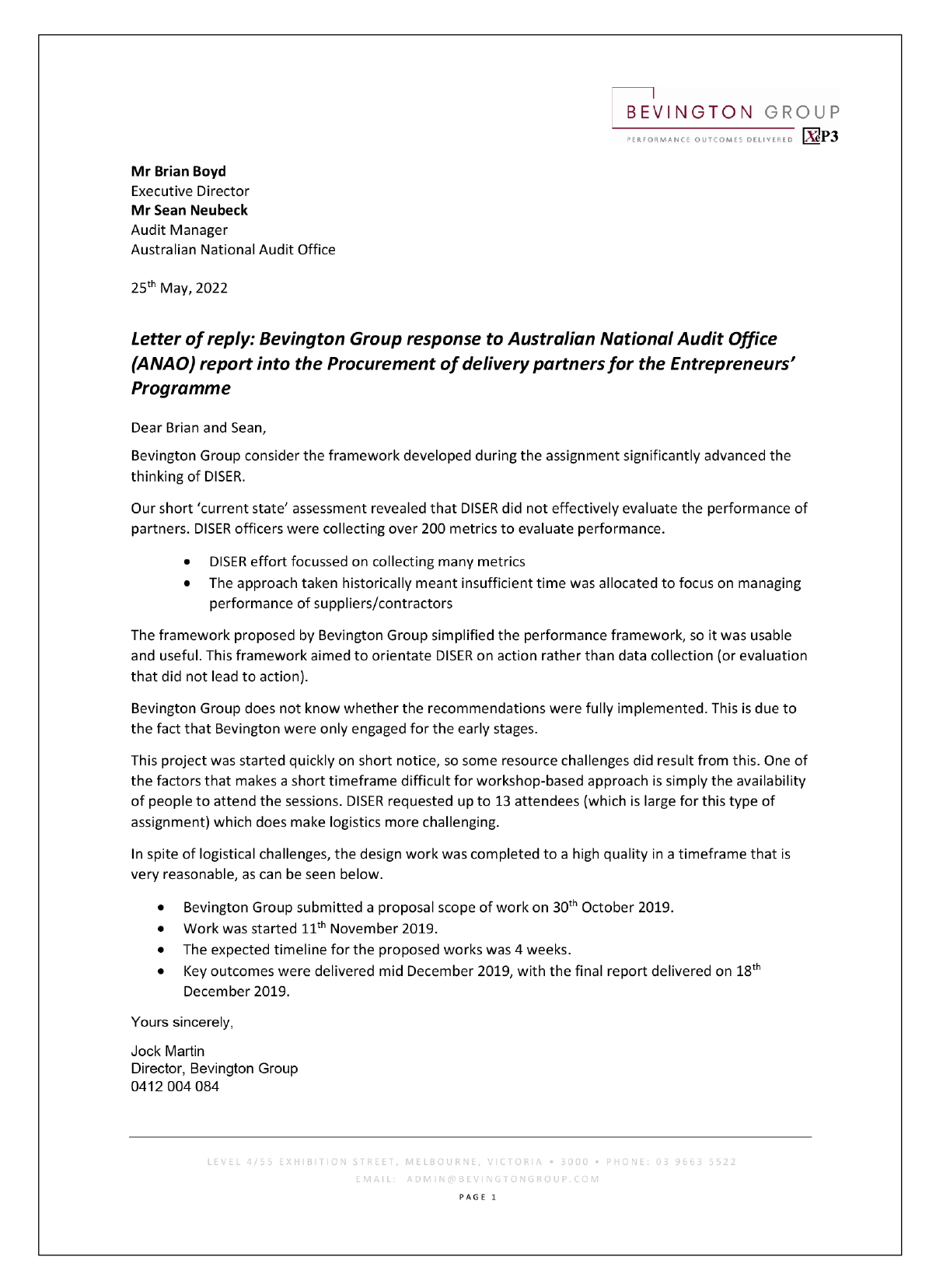 Response from Bevington Group.