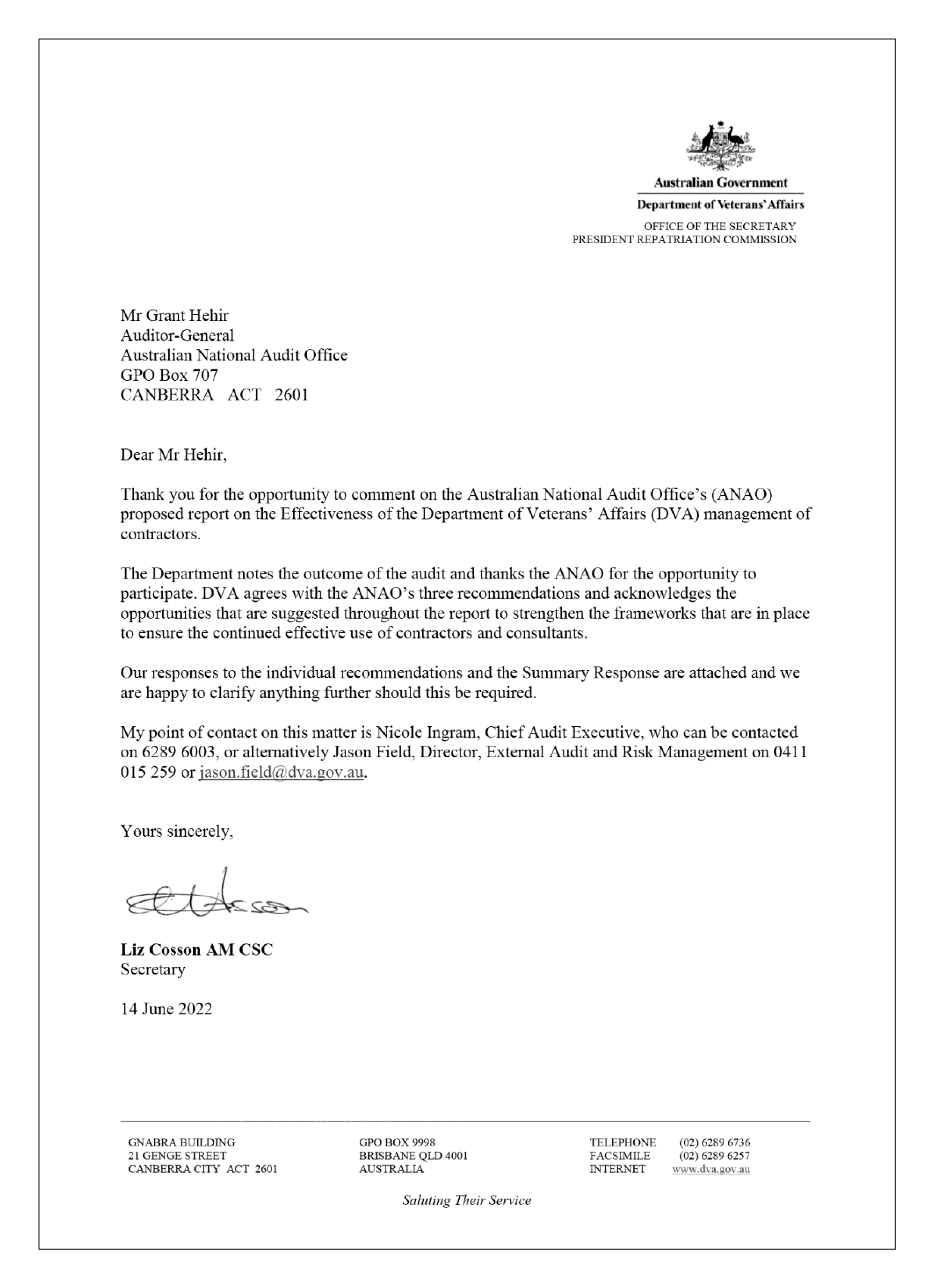 Response from the Department of Veterans’ Affairs. A summary of the response is in the summary and recommendations chapter of this report. Response from the Department of Veterans’ Affairs. A summary of the response is in the summary and recommendations chapter of this report.