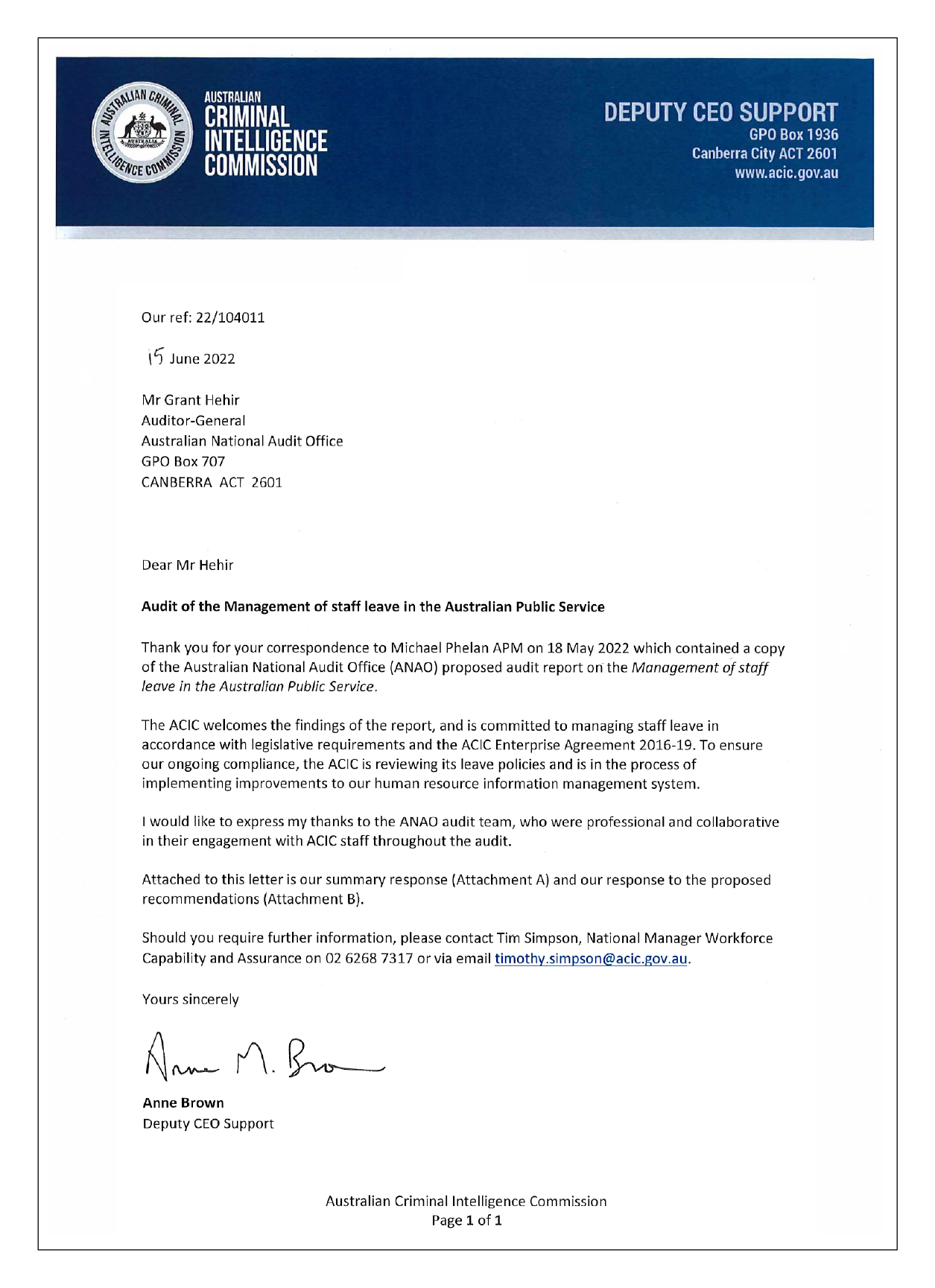 Response from the Australian Crime Intelligence Commission. You can find a summary of the response in the summary and recommendations chapter of this report.
