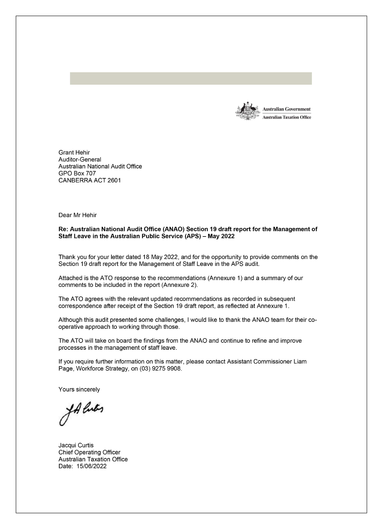 Response from the Australian Taxation Office. You can find a summary of the response in the summary and recommendations chapter of this report.