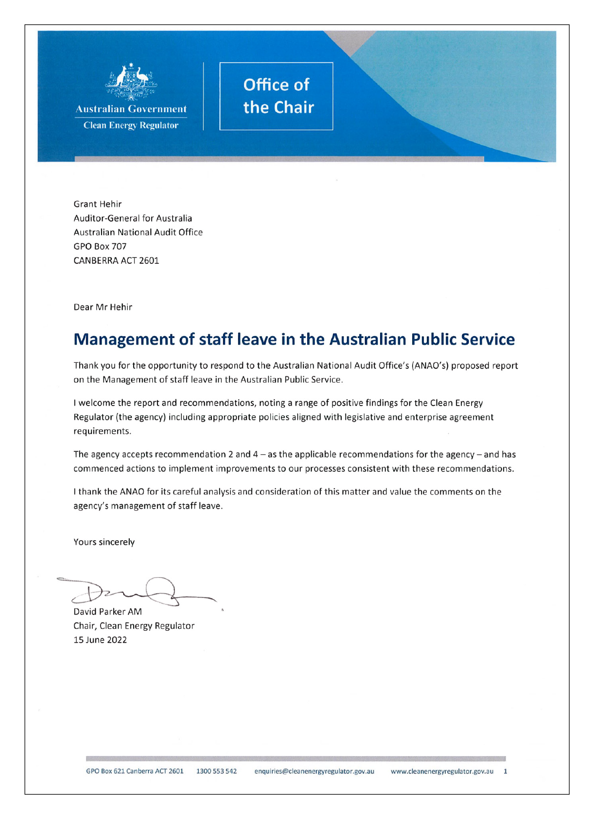 Response from the Clean Energy Regulator. You can find a summary of the response in the summary and recommendations chapter of this report.