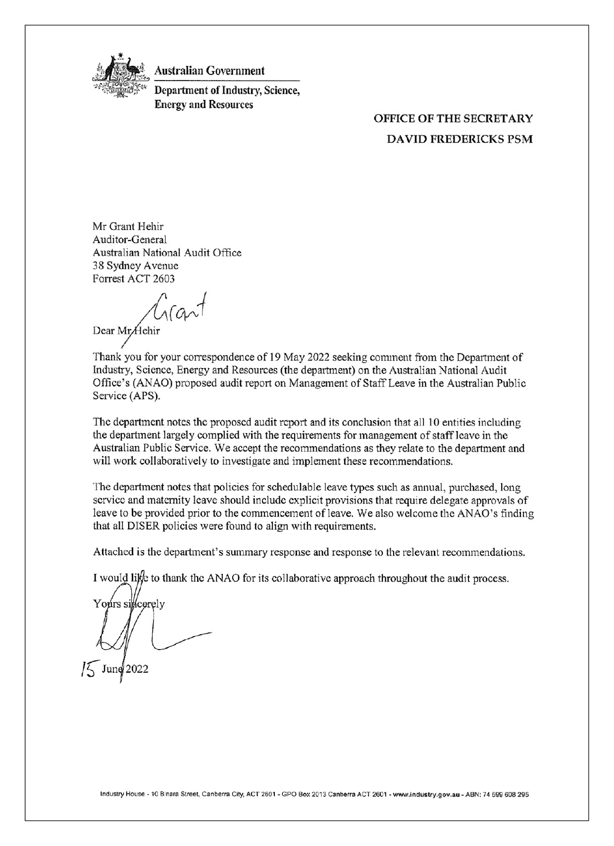 Response from the Department of Industry, Science, Energy and Resources. You can find a summary of the response in the summary and recommendations chapter of this report.