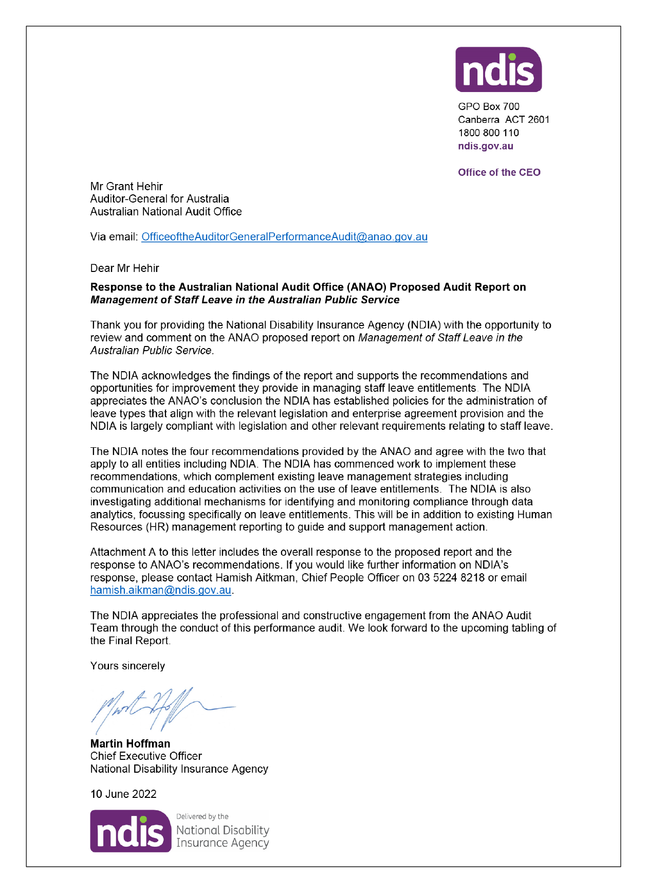 Response from the National Disability Insurance Agency. You can find a summary of the response in the summary and recommendations chapter of this report.