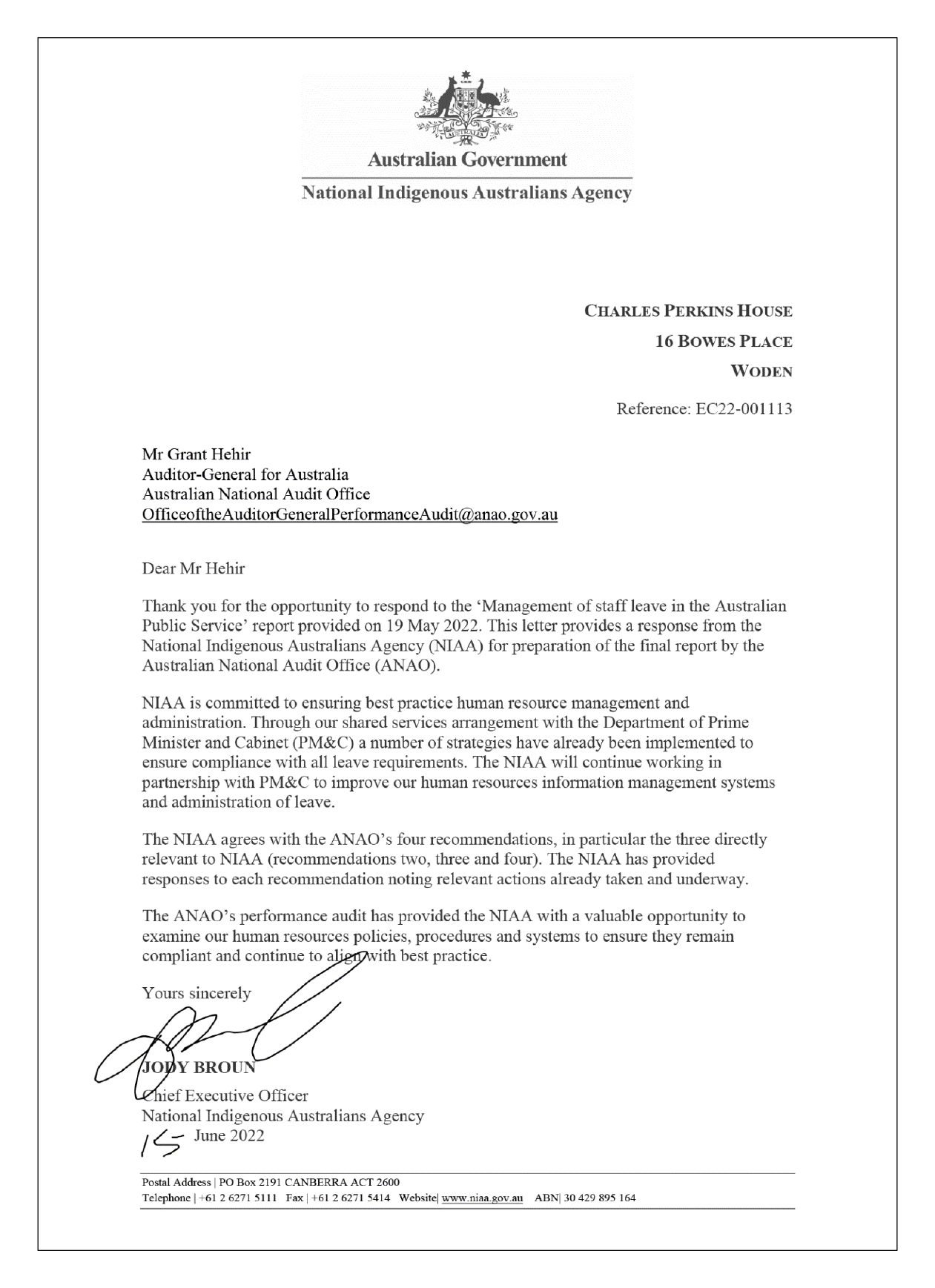 Response from the National Indigenous Australians Agency. You can find a summary of the response in the summary and recommendations chapter of this report.