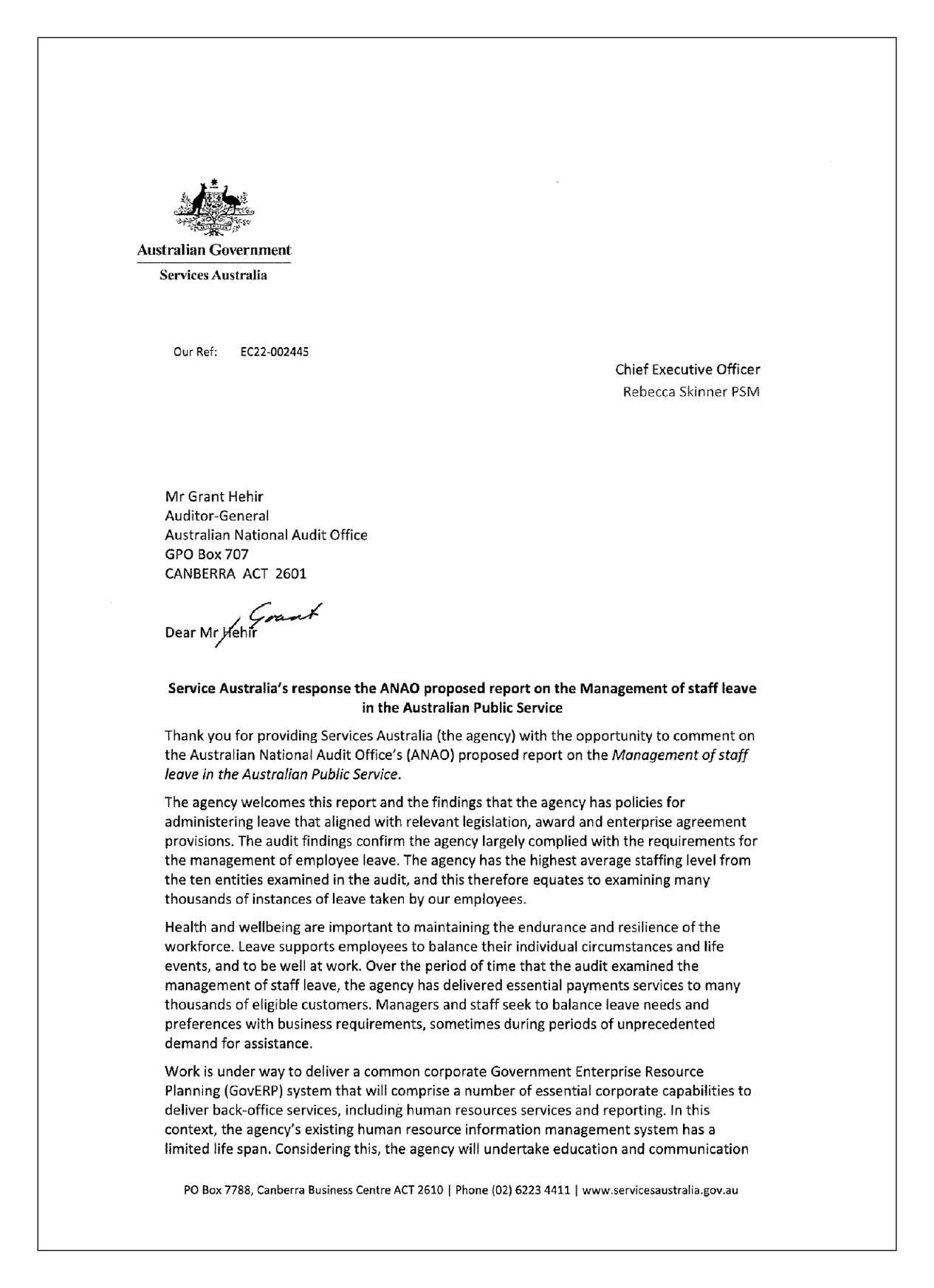 First page of the response from Services Australia. You can find a summary of the response in the summary and recommendations chapter of this report.