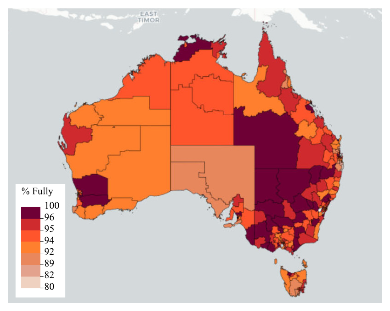 A heat map of Australia showing immunisation coverage across the country for one year olds by SA3 for the year 2020. It is discussed at paragraph 3.40. A heat map of Australia showing immunisation coverage across the country for one year olds by SA3 for the year 2020. It is discussed at paragraph 3.40.