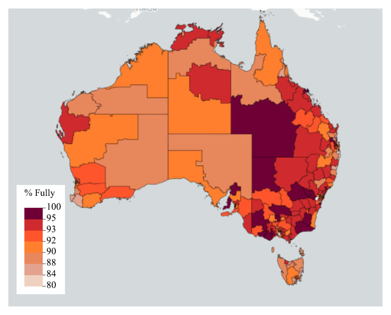 A heat map of Australia showing immunisation coverage across the country for two year olds by SA3 for the year 2020. It is discussed at paragraph 3.40. A heat map of Australia showing immunisation coverage across the country for two year olds by SA3 for the year 2020. It is discussed at paragraph 3.40.