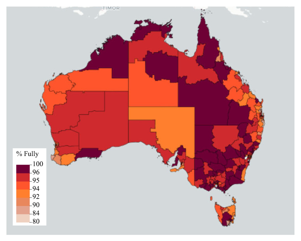A heat map of Australia showing immunisation coverage across the country for five year olds by SA3 for the year 2020. It is discussed at paragraph 3.40. A heat map of Australia showing immunisation coverage across the country for five year olds by SA3 for the year 2020. It is discussed at paragraph 3.40.
