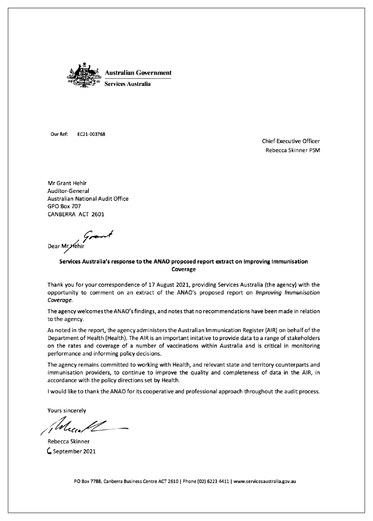 Response from Services Australia. Services Australia notes that this report makes no recommendations relating to the agency. Response from Services Australia. Services Australia notes that this report makes no recommendations relating to the agency.
