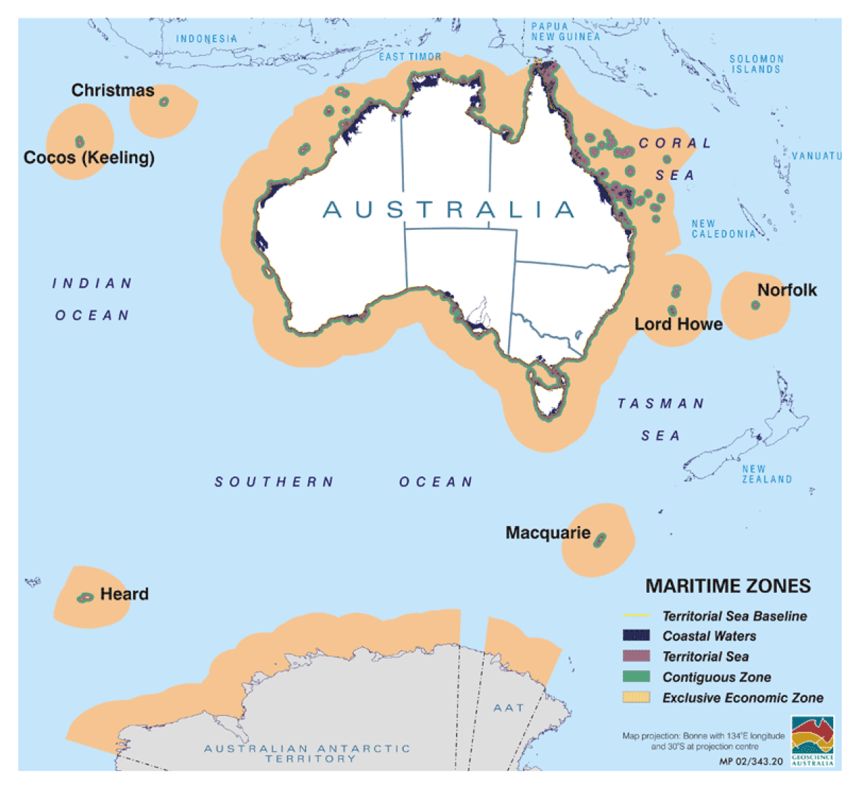 This is a detailed map of Australia’s Maritime Zones, outlining the five different zones measured in nautical miles. 