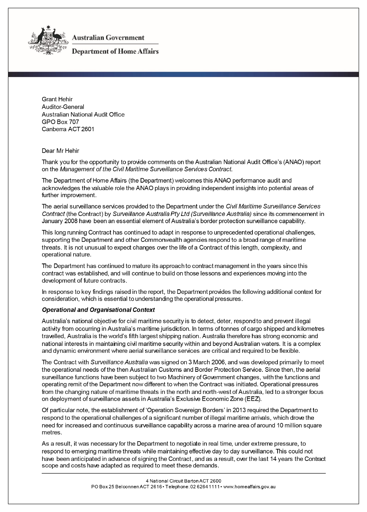 The first page of the response from the Department of Home Affairs. You can find a summary of the response in the summary and recommendations chapter of this report. 