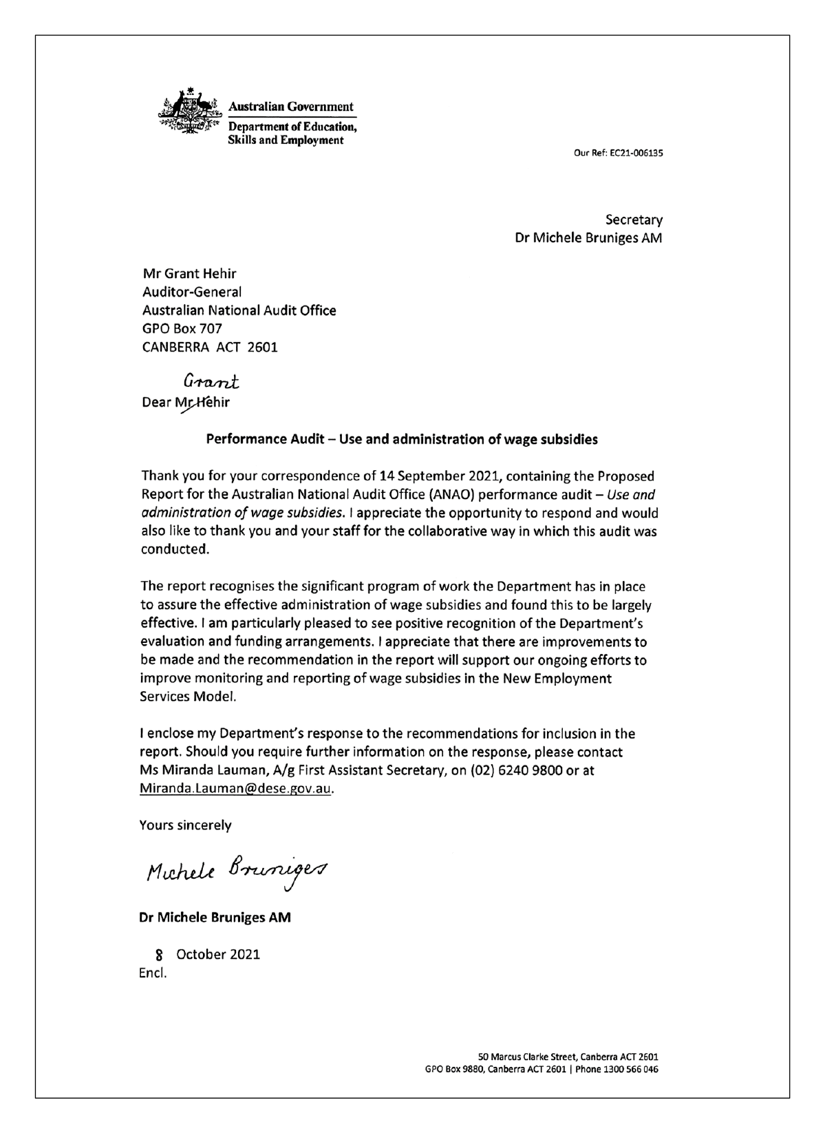 The response from the Department of Education, Skills and Employment. You can find a summary of the response in the summary and recommendations chapter of this report. 