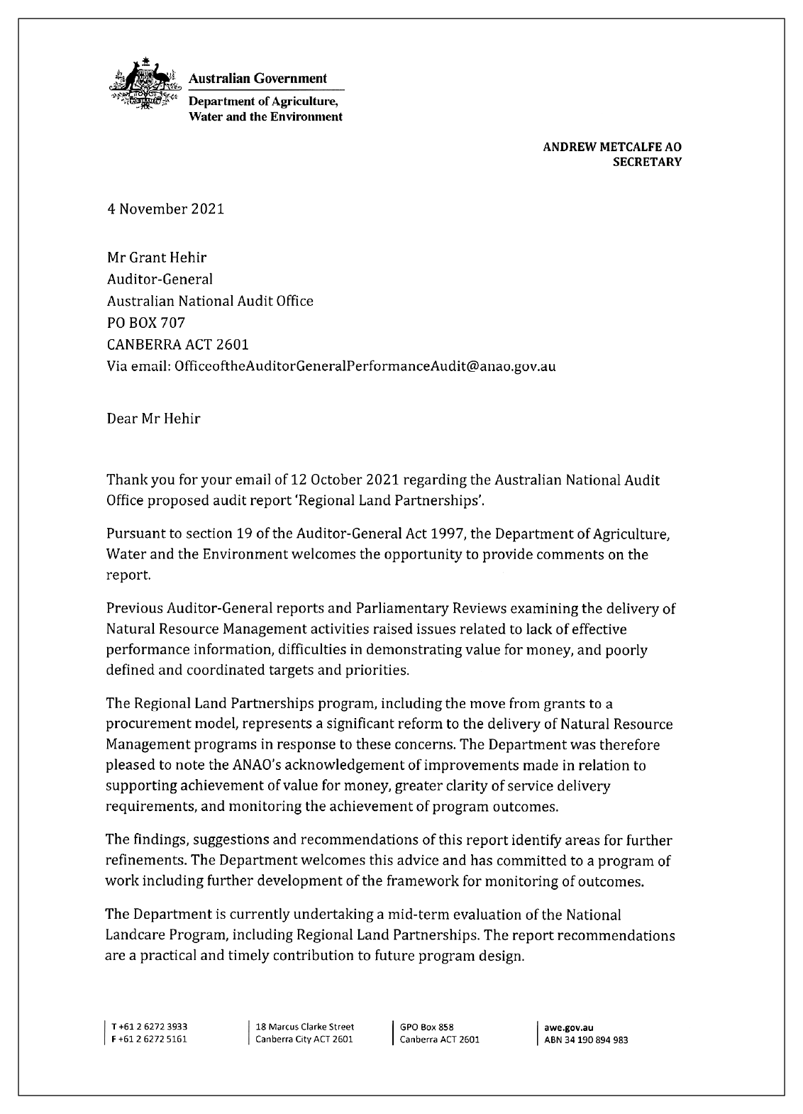 Page one of the response from the Department of Agriculture, Water and the Environment. You can find a summary of the response in the summary and recommendations chapter of this report. Page one of the response from the Department of Agriculture, Water and the Environment. You can find a summary of the response in the summary and recommendations chapter of this report.