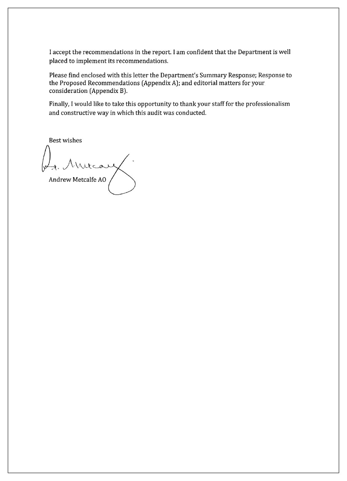 Page two of the response from the Department of Agriculture, Water and the Environment. You can find a summary of the response in the summary and recommendations chapter of this report. Page two of the response from the Department of Agriculture, Water and the Environment. You can find a summary of the response in the summary and recommendations chapter of this report.