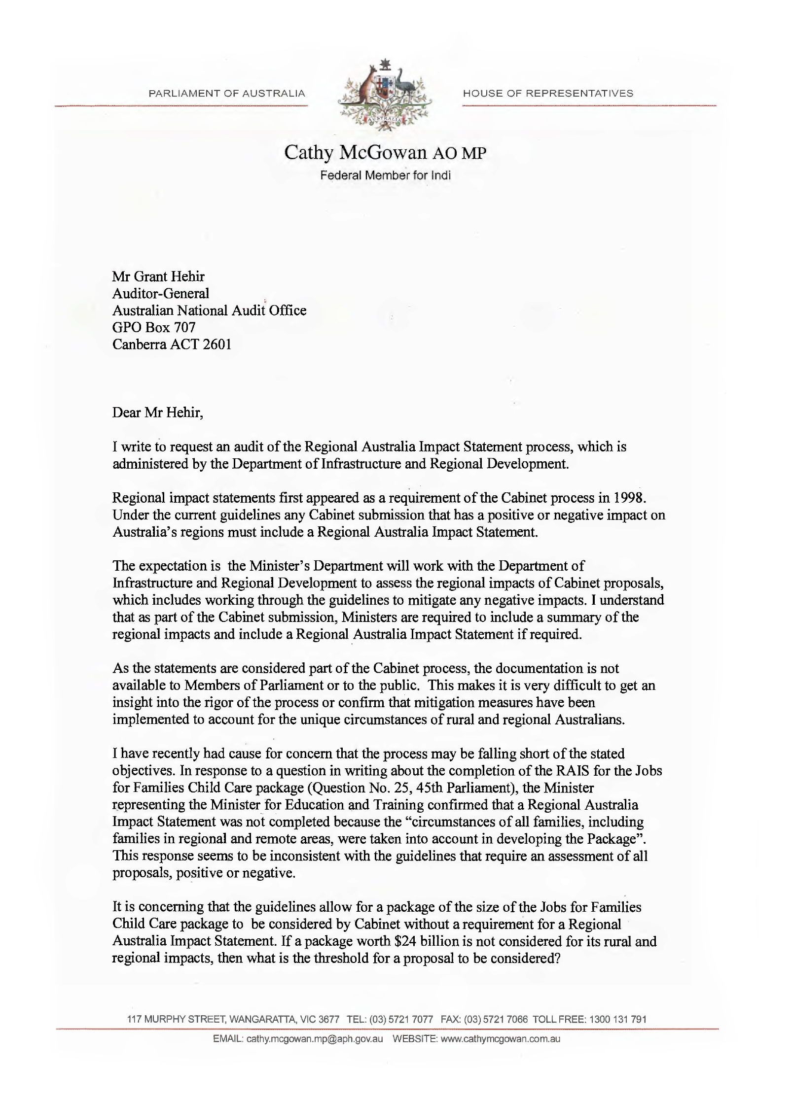 Page 1 of letter from Cathy McGowan AO MP Page 1 of letter from Cathy McGowan AO MP