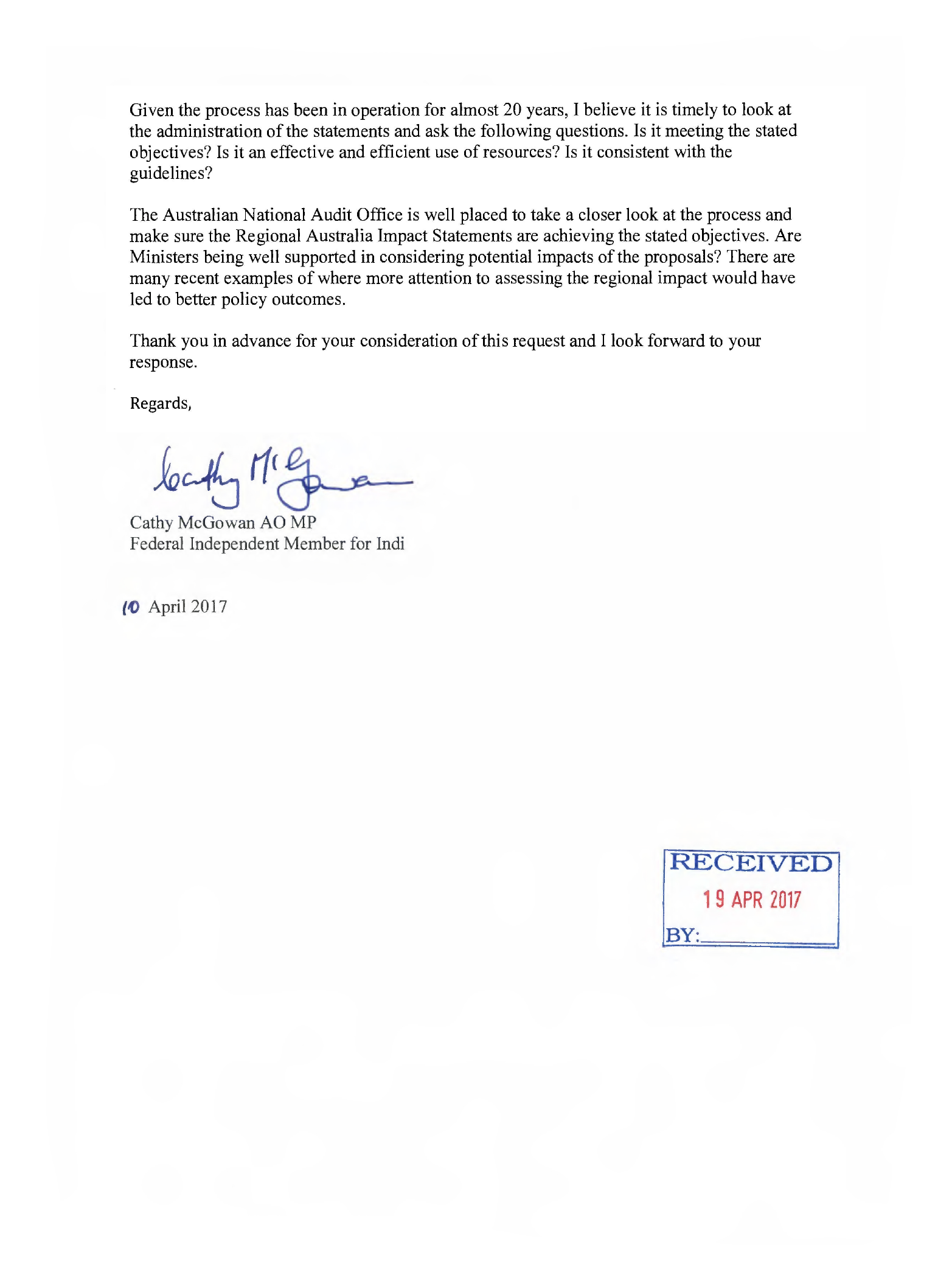Page 2 of letter from Cathy McGowan AO MP Page 2 of letter from Cathy McGowan AO MP