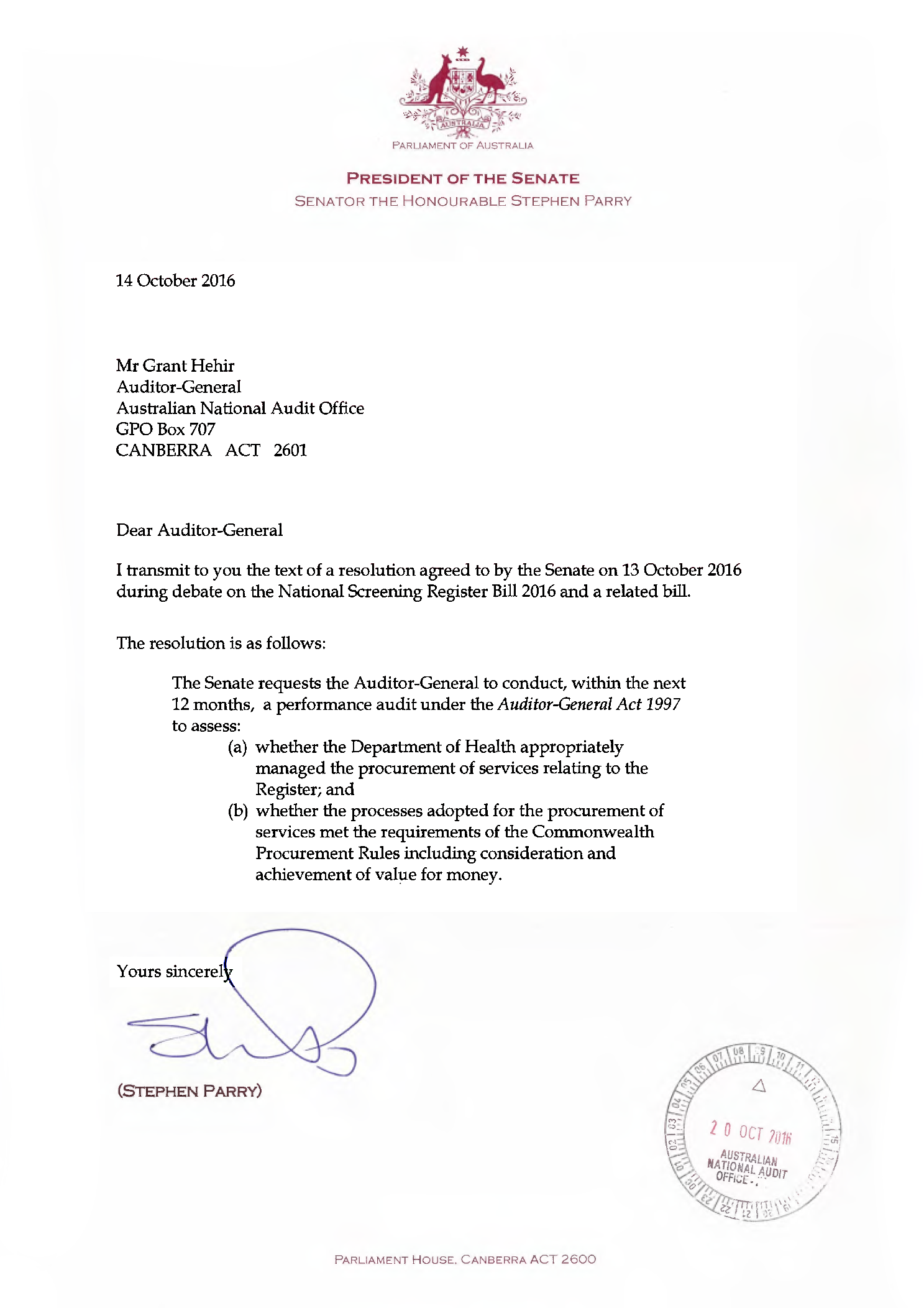 Letter to the Auditor-General Letter to the Auditor-General