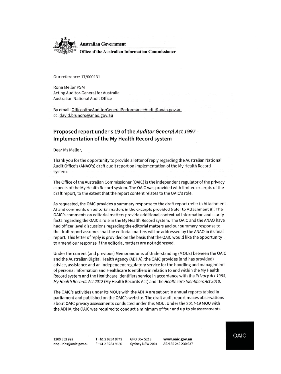 Page 1 of the Office of the Australian Information Commissioner's response