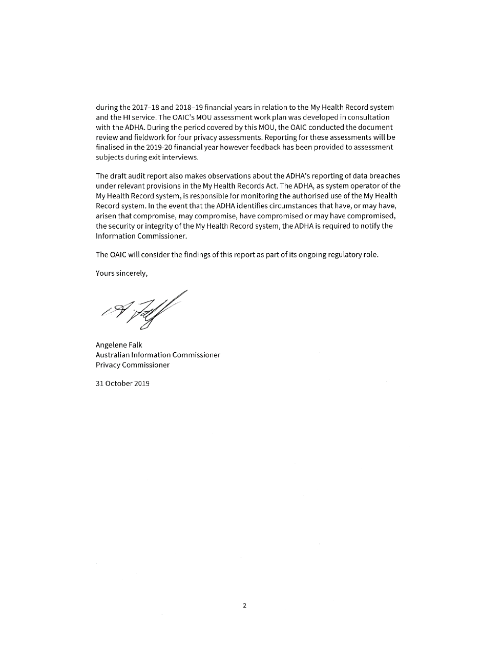 Page 2 of the Office of the Australian Information Commissioner's response