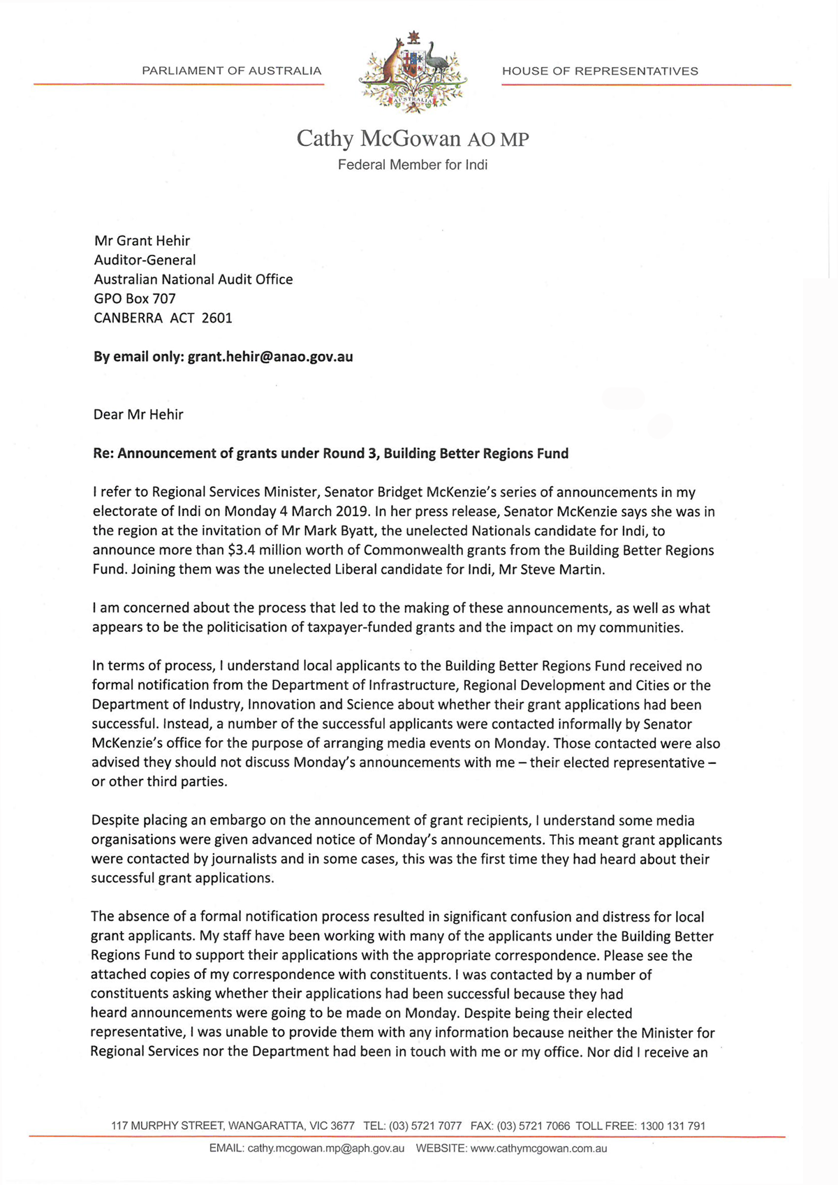 Ms Cathy McGowan AO, MP correspondence page 1 Ms Cathy McGowan AO, MP correspondence page 1