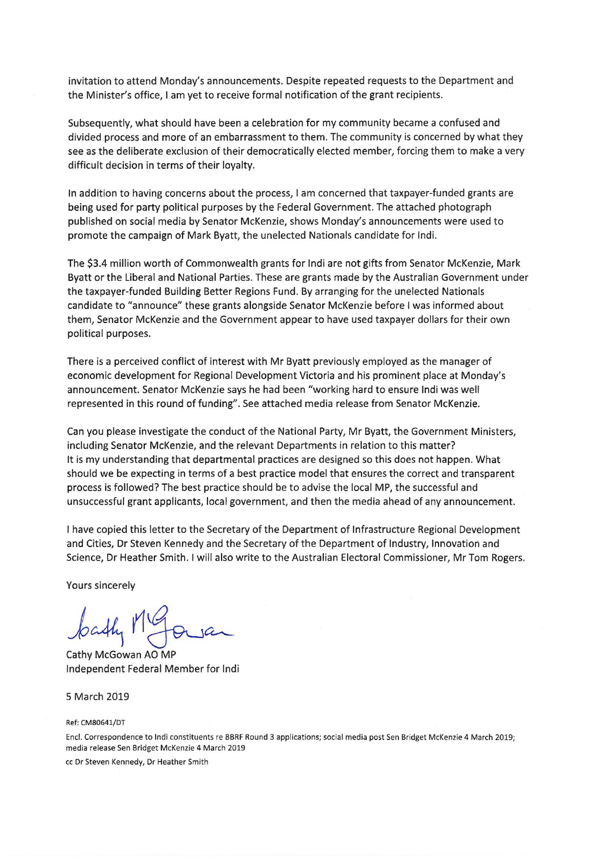 Ms Cathy McGowan AO, MP correspondence page 2 Ms Cathy McGowan AO, MP correspondence page 2