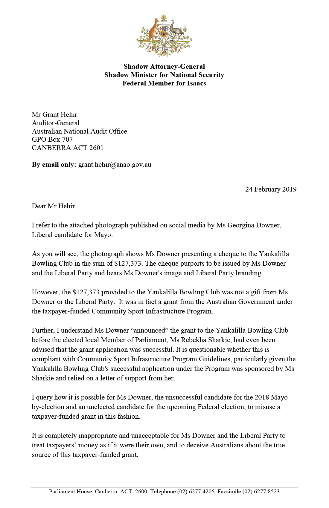 Page 1 of correspondence from the Hon. Mark Dreyfus QC MP Page 1 of correspondence from the Hon. Mark Dreyfus QC MP