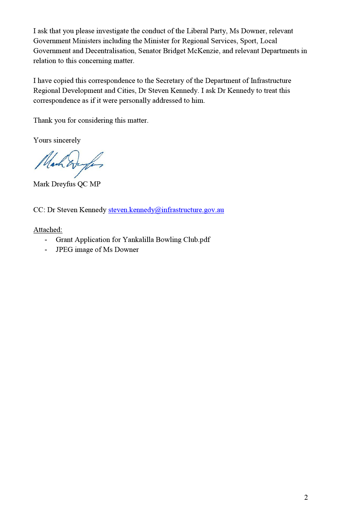 Page 2 of correspondence from the Hon. Mark Dreyfus QC MP Page 2 of correspondence from the Hon. Mark Dreyfus QC MP