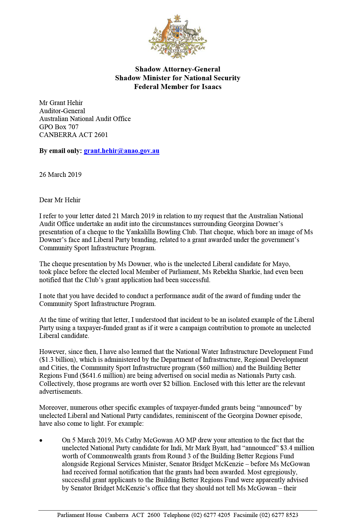 Follow-up correspondence from the Hon. Mark Dreyfus QC MP page 1 Follow-up correspondence from the Hon. Mark Dreyfus QC MP page 1