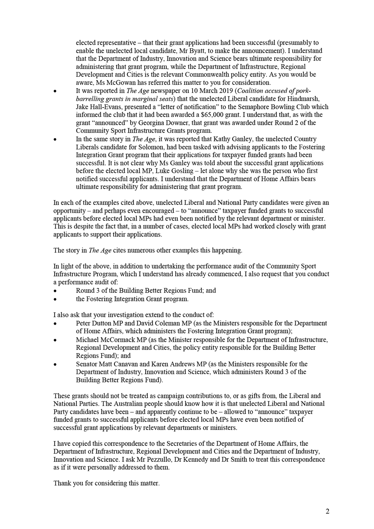 Follow-up correspondence from the Hon. Mark Dreyfus QC MP page 2 Follow-up correspondence from the Hon. Mark Dreyfus QC MP page 2