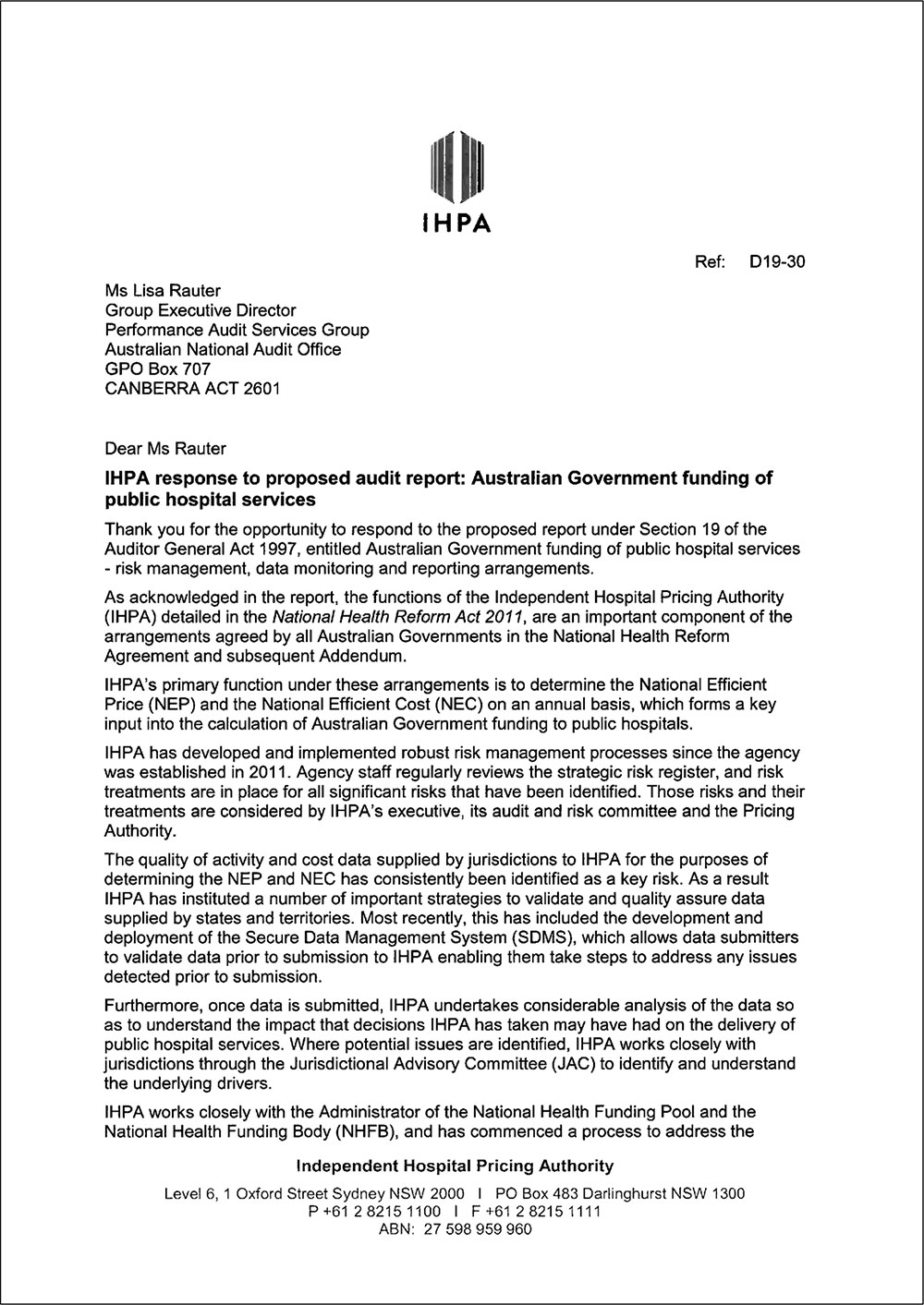 Independent Hospital Pricing Authority response page 1 Independent Hospital Pricing Authority response page 1